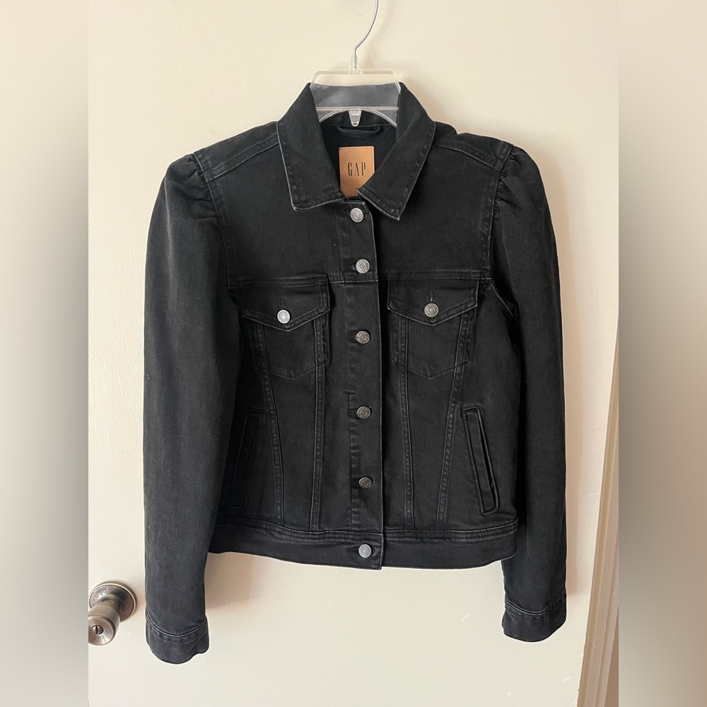 GAP Women's Charcoal Denim Jacket, S, puff sleeves